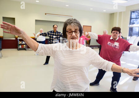Kochsalzlösung, Michigan - pensionierte Lehrerin Diane Evans lehrt Tai Chi für Senioren im Bereich Senior Center Kochsalzlösung. Stockfoto