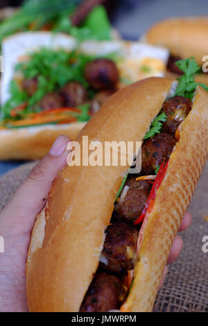 Vietnamesische Speisen, Banh mi Thit Nuong oder Vietnam Brot aus gegrilltem Fleisch, ist das beliebte Essen und besondere Kultur in Vietnam Küche Stockfoto