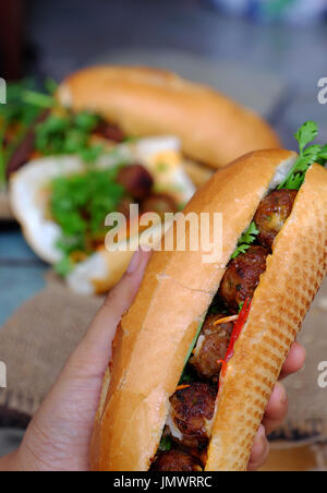 Vietnamesische Speisen, Banh mi Thit Nuong oder Vietnam Brot aus gegrilltem Fleisch, ist das beliebte Essen und besondere Kultur in Vietnam Küche Stockfoto