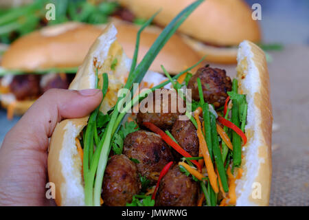 Vietnamesische Speisen, Banh mi Thit Nuong oder Vietnam Brot aus gegrilltem Fleisch, ist das beliebte Essen und besondere Kultur in Vietnam Küche Stockfoto