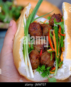 Vietnamesische Speisen, Banh mi Thit Nuong oder Vietnam Brot aus gegrilltem Fleisch, ist das beliebte Essen und besondere Kultur in Vietnam Küche Stockfoto