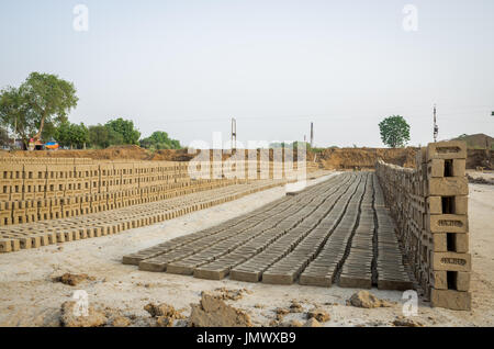 Amritsar, Punjab, Indien - 21. April 2017: Ziegel aufgereiht an einem Backstein Produktionsstätte in Indien zu trocknen Stockfoto