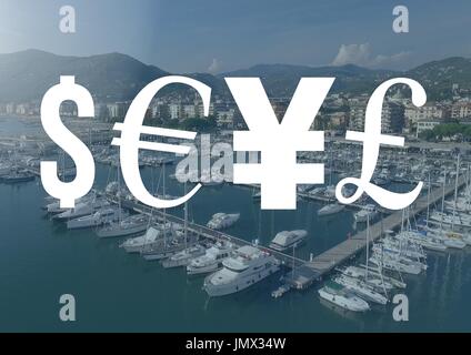 Digital Composite Währung Geld Symbole über Marina Stockfoto