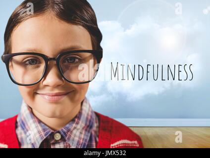 Digital Composite jungen mit Brille trüb und Achtsamkeit text Stockfoto