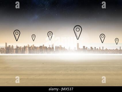 Digital Composite Stadt mit Marker Lage Zeigern Stockfoto