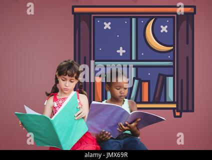 Digital Composite Kinder lesen vor rosa Hintergrund mit magischen Nacht-Zeitfenster und Mond Stockfoto