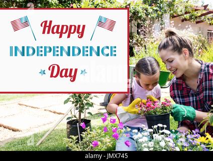 Digital Composite glückliche Mutter und ihre Tochter tun einige Gartenarbeit für Independence day Stockfoto