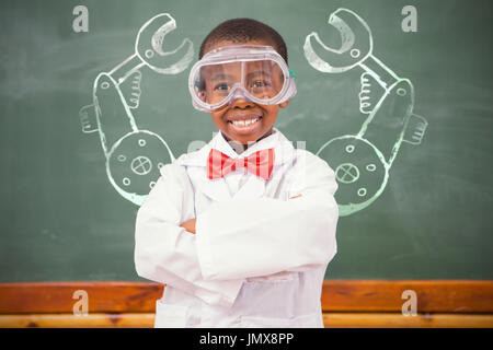 Anschauliches Bild von Handwerkzeug gegen Chemie Schüler mit verschränkten Armen in die Kamera Lächeln Stockfoto