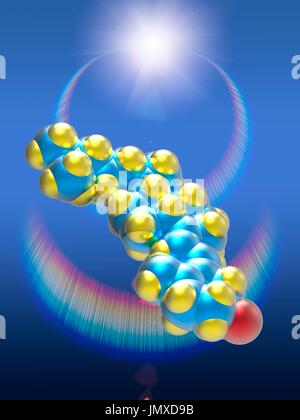 Ein molekulares Modell des Vitamin D3 (Cholecalciferol), eine Form von Vitamin D in der Haut durch UV-B-Licht synthetisiert. Vitamin D3 spielt eine Rolle bei Calcium-Resorption zur Erhaltung starker Knochen und Ebenen von Kalzium und Phosphor im Blut zu balancieren. Atome sind farbige blau (Kohlenstoff), gelb (Wasserstoff) und rot (Sauerstoff). Im Hintergrund eine Sonne flare mit chromatischen Reflexionen. Stockfoto