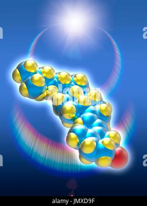 Ein molekulares Modell des Vitamin D3 (Cholecalciferol), eine Form von Vitamin D in der Haut durch UV-B-Licht synthetisiert. Vitamin D3 spielt eine Rolle bei Calcium-Resorption zur Erhaltung starker Knochen und Ebenen von Kalzium und Phosphor im Blut zu balancieren. Atome sind farbige blau (Kohlenstoff), gelb (Wasserstoff) und rot (Sauerstoff). Im Hintergrund eine Sonne flare mit chromatischen Reflexionen. Stockfoto