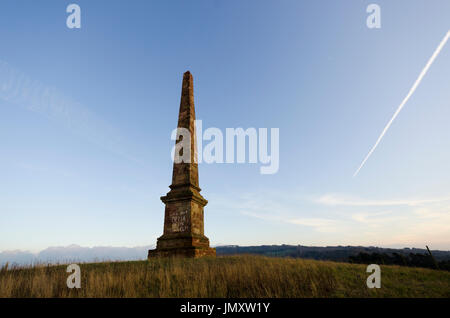 Grafffii auf ein Obelisk auf Wychbury Hügel in der Nähe Clent Hügel in Worcestershire Uk. Wer hat Bella in der Hexe Elm? Stockfoto