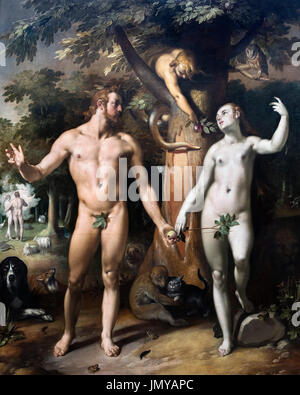 Der Sündenfall von Cornelis van Haarlem (1562-1638), Öl auf Leinwand, 1592. Adam und Eva. Stockfoto