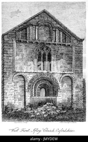 Ein Stich von der Westfront, Ifley (Iffley) Kirche, Oxfordshire, gescannt mit hoher Auflösung aus einem Buch gedruckt im Jahre 1808.  Kostenlos copyright geglaubt. Stockfoto