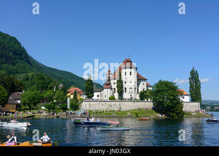 Blick vom Schiff auf See Traunsee an Fronleichnam, Halbinsel mit Kirche, Traunkirchen, Traunkirchen, Salzkammergut, Oberösterreich, Upper Aust Stockfoto