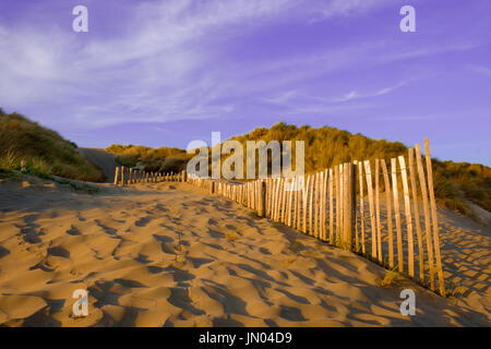 Zaun Sie an einer der Camber Sands Beach Düne, East Sussex, England Stockfoto