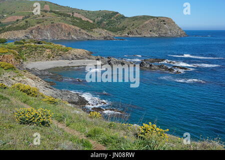 Felsige Küste mit kleinen Kiesstrand, Mittelmeer, südlich von Frankreich, Pyrenäen Orientales, Roussillon, Cote Vermeille, Cap Peyrefite Stockfoto
