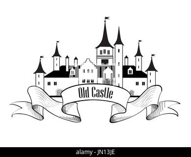 Berühmte deutsche Burg Sign. Landmark Hintergrund zu reisen. Schloss mit Türmen Gebäude. Cartoon-Vektor-Illustration. Stockfoto