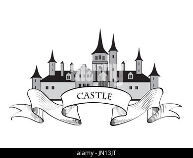 Berühmte deutsche Burg Sign. Landmark Hintergrund zu reisen. Schloss mit Türmen Gebäude. Cartoon-Vektor-Illustration. Stockfoto