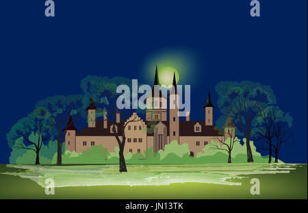 Eine Nacht im Park mit alten Gebäude. Späten Herbst-Nacht im Park mit Schloss und Milky Way. Mystische Vollmondnacht im Park Gasse. Stockfoto