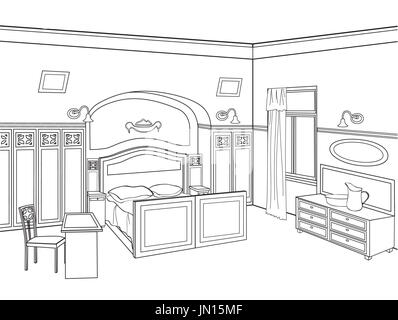 Schlafzimmer-Möbel. Bearbeitbares Vektor-Illustration eine Grundrissskizze eines Interieurs. Grafische Hand Zeichnung Innenraum. Stockfoto