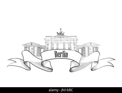 Berliner Label. Reisen Deutschland-Symbol. Berühmte deutsche architektonisches Wahrzeichen Brandenburger Tor. Stockfoto