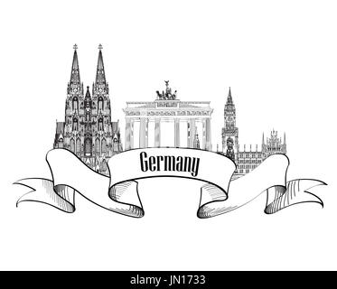 Deutschland-Label. Reisen Deutschland-Symbol. Berühmte deutsche architektonischen Wahrzeichen. Stockfoto