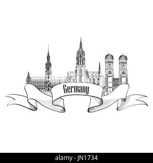 Deutschland-Label. Symbol der deutschen Stadt reisen. Berühmte deutsche architektonischen Wahrzeichen. Stockfoto