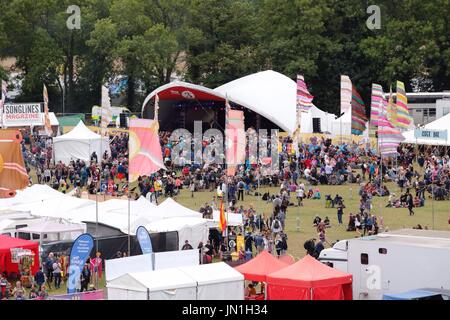 Malmesbury, Wiltshire. 28. Juli 2017. Eine einzigartige Attraktion bei den Festspielen ist das Yalumba Stadium wo Weltkulturen gutes Essen und Musik kombinieren. Die Masse erwärmt bis Bollywood Beats und tanzen vor der Probenahme ein Bhangra-Brunch. Dieses Jahr ist das 35. World of Music und Dance Festival auf dem schönen Gelände des Anwesens Charlton Park. Bildnachweis: Wayne Farrell/Alamy Live-Nachrichten Stockfoto