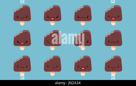 Eingestellt von Vector Kawaii Schokoladeneis Emoticons. Isoliert auf blassen blauen Hintergrund. Stock Vektor