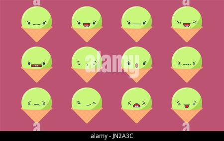 Satz von Vector Kawaii Eis Emoticons. Auf lila Hintergrund isoliert. Stock Vektor