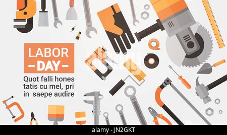 Labor Day Holiday Greeting Card über Reparatur und Konstruktion arbeiten Werkzeuge Hintergrund Stock Vektor