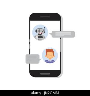 Mann im Chat mit Chat-Bot auf Smart Handy, Roboter virtuelle Assistenz Element der Website oder Mobile Anwendungen Stock Vektor