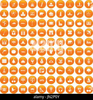 100 Welt Icons set orange Stock Vektor