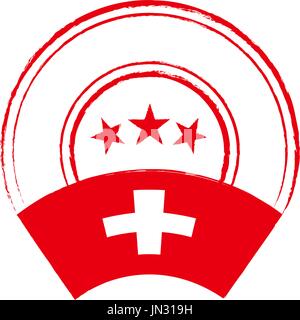 Flagge und Stempel Design. Retro-Stempel mit Schweizer Flagge auf weißem Hintergrund. Isolierte Vorlage für Ihre Entwürfe. Vektor-Illustration. Stock Vektor