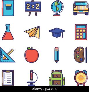 Bildung-Objekt-Symbol set mit gerader Linie Farbstil und flache Farbe Stock Vektor