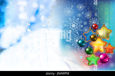Hintergrundbild Weihnachten: im Schnee, Sterne, Kugeln, Schneeflocken, Lichter. Stockfoto