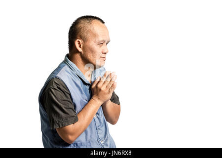 Porträt eines senior asiatischen Mannes achten. Isoliert auf weißem Hintergrund mit textfreiraum und Clipping-Pfad Stockfoto