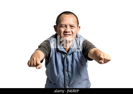 Porträt eines senior asiatischen Mannes Reiten. Isoliert auf weißem Hintergrund mit textfreiraum und Clipping-Pfad Stockfoto