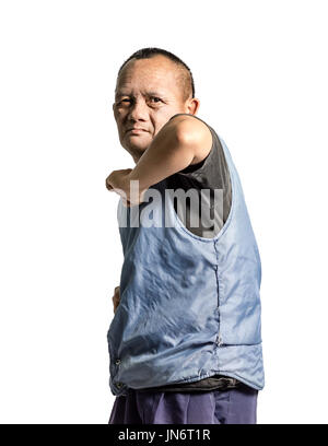 Porträt eines senior asiatischen Mannes Reiten. Isoliert auf weißem Hintergrund mit textfreiraum und Clipping-Pfad Stockfoto