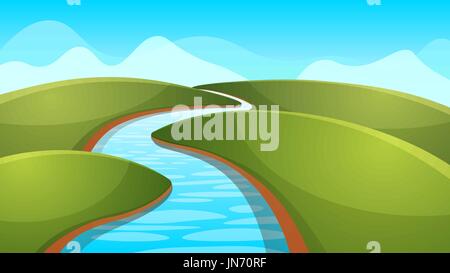 Landschaft-Cartoon, Illustration. Sonne, Fluss, Hügel. Stock Vektor