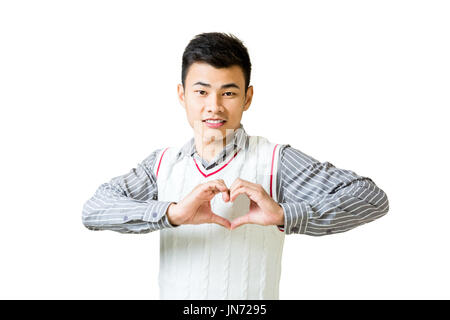 Porträt eines jungen Geschäftsmann ein Herz mit seinen Händen machen. Isoliert auf weißem Hintergrund Stockfoto