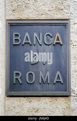 Rom, Italien - 13. Oktober 2016: Platte in der lokalen Niederlassung der italienischen Zentralbank Banca di Roma genannt. Stockfoto