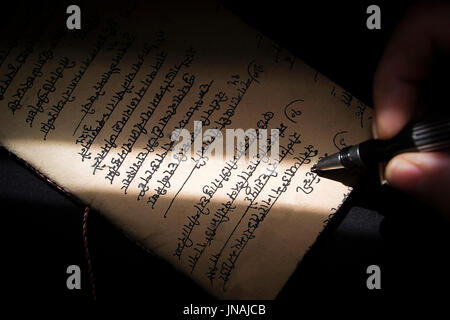 Schreiben mit einem Stift auf einem Papyrus in Sprache Brahmi, schreiben in den Indien-Systemen Stockfoto