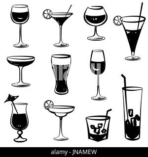 Vector Silhouette Glassammlung. Satz von verschiedenen Cocktails, isoliert auf weißem Hintergrund. Cocktail-Party-Symbole Stockfoto