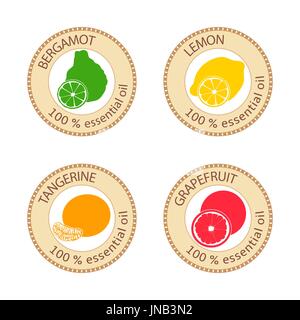 Reihe von flachen ätherisches Öl Etiketten. 100 Prozent. Bergamotte, Zitrone, Grapefruit, Mandarine Stock Vektor