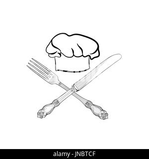 Chef Koch Hut mit Messer und Gabel Handzeichnung Skizze Label. Besteck-Symbol. Vektor-Catering und Restaurant-Service-Abzeichen. Restaurant Symbol Koch coo Stockfoto