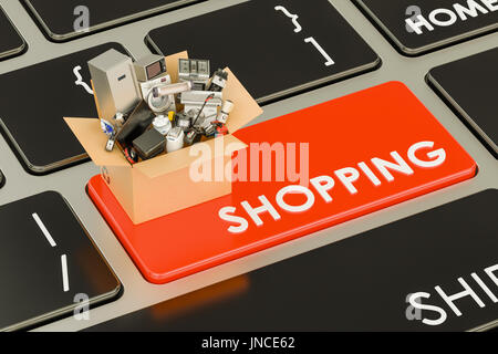 Shopping-Taste auf der Tastatur mit Karton voll von Haushaltsgeräten, 3D rendering Stockfoto