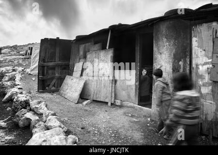 Junge Palästinensische beduinischen Frauen und Kinder vor ihren Bereich Küche, östlich von Jerusalem, West Bank, 10. Dezember 2010. Stockfoto