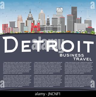 Detroit Skyline mit grauen Gebäude, blauer Himmel und Kopieren. Vector Illustration. Business Travel und Tourismus Konzept mit moderner Architektur. Stock Vektor