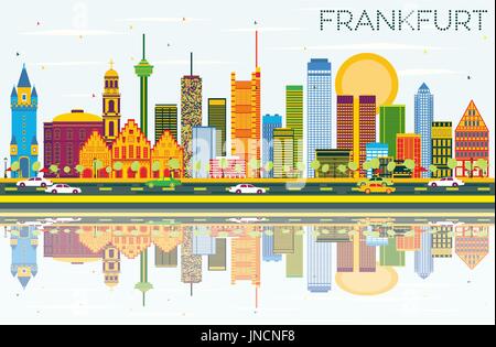 Frankfurter Skyline mit Farbe Gebäude, blauer Himmel und Reflexionen. Vector Illustration. Business Travel und Tourismus Konzept mit modernen Gebäuden. Stock Vektor